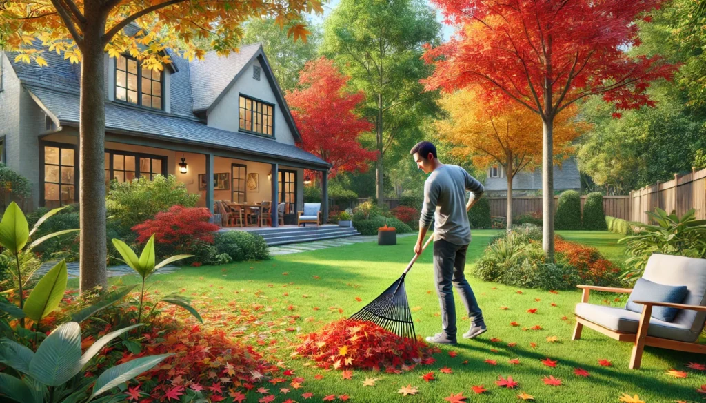 Guy raking leaves